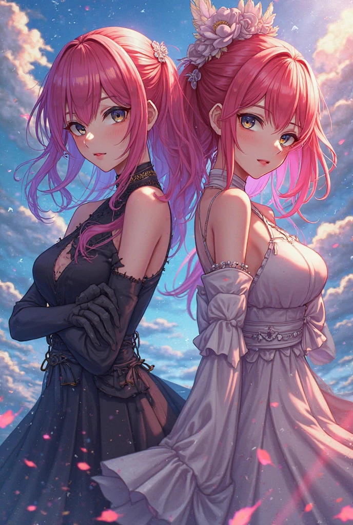 cree une fee avec des cheveux rose une robe en dentelle rose à côté d elle une magnifique licorne avec une somptueuse crinière mauve aux grand yeux bleu image realiste en 3D