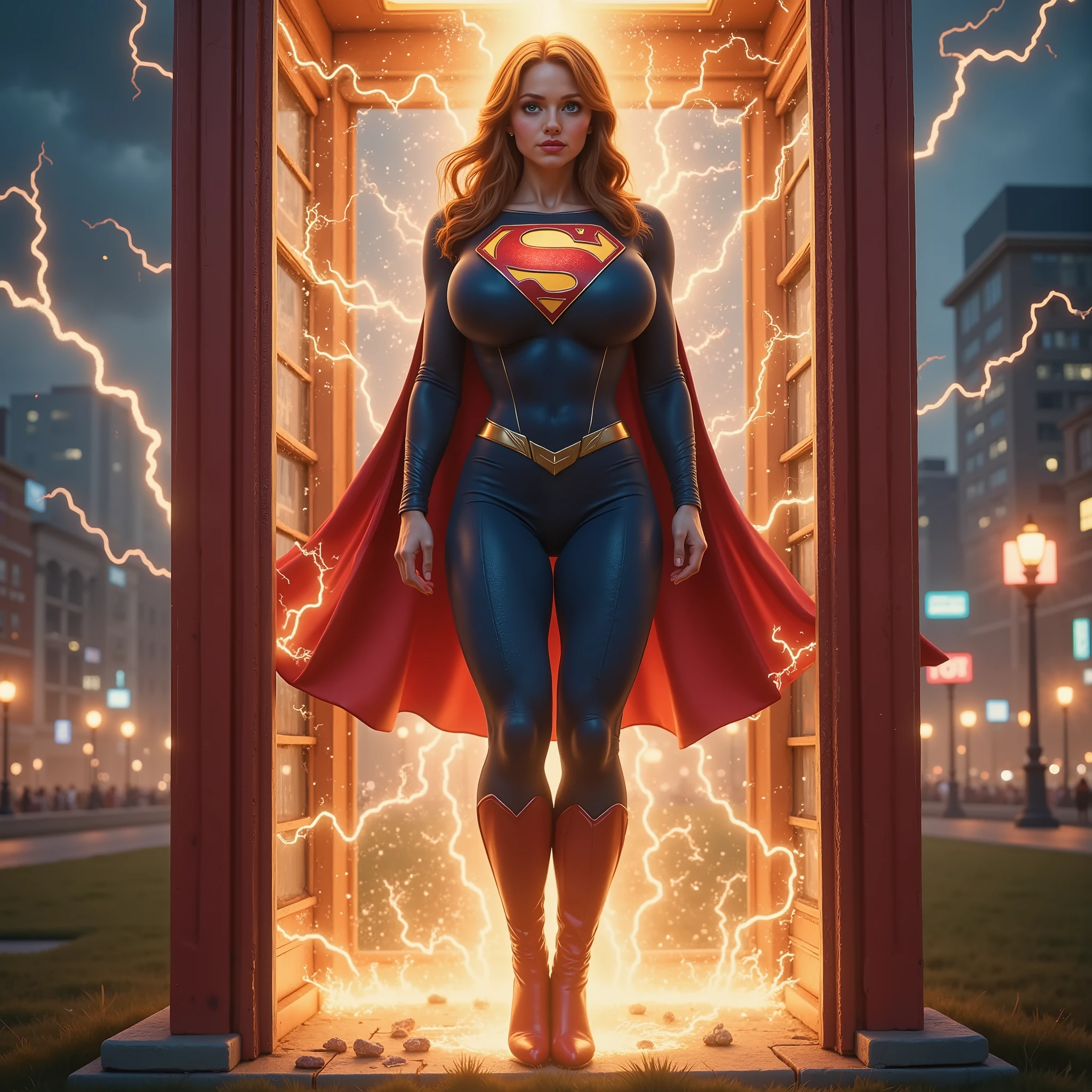 (TEXT BUBBLE SAYING: THIS LOOKS LIKE A JOB FOR SUPERGIRL) RIPPING HER REPORTERS CLOTHING OFF STANDING TOP DOWN POV"A breathtaking, ultra-detailed 3D-rendered image of a British redhead secretary with striking green eyes, standing. Powerful energy beams bombard her, triggering a dramatic transformation. Her eyes shift to a glowing blue, her body grows taller and hyper-muscular, and a sleek, glossy blue latex SUPERGIRL COSTUME forms around her, complete with a flowing red cape. Her expression is a mix of awe and determination as she embraces her newfound power. The OLD RED PHONE BOOTH is filled with glowing COSMIC ENERGY, crackling energy waves, and sparks, enhancing the cinematic intensity. The SUPERGIRL COSTUME and cape have a richly textured, ultra-high-definition finish. (Retina, UHD, 8K, masterpiece, super detail, high quality)." GLOWING "S" EMBLEM ON HER CHEST.