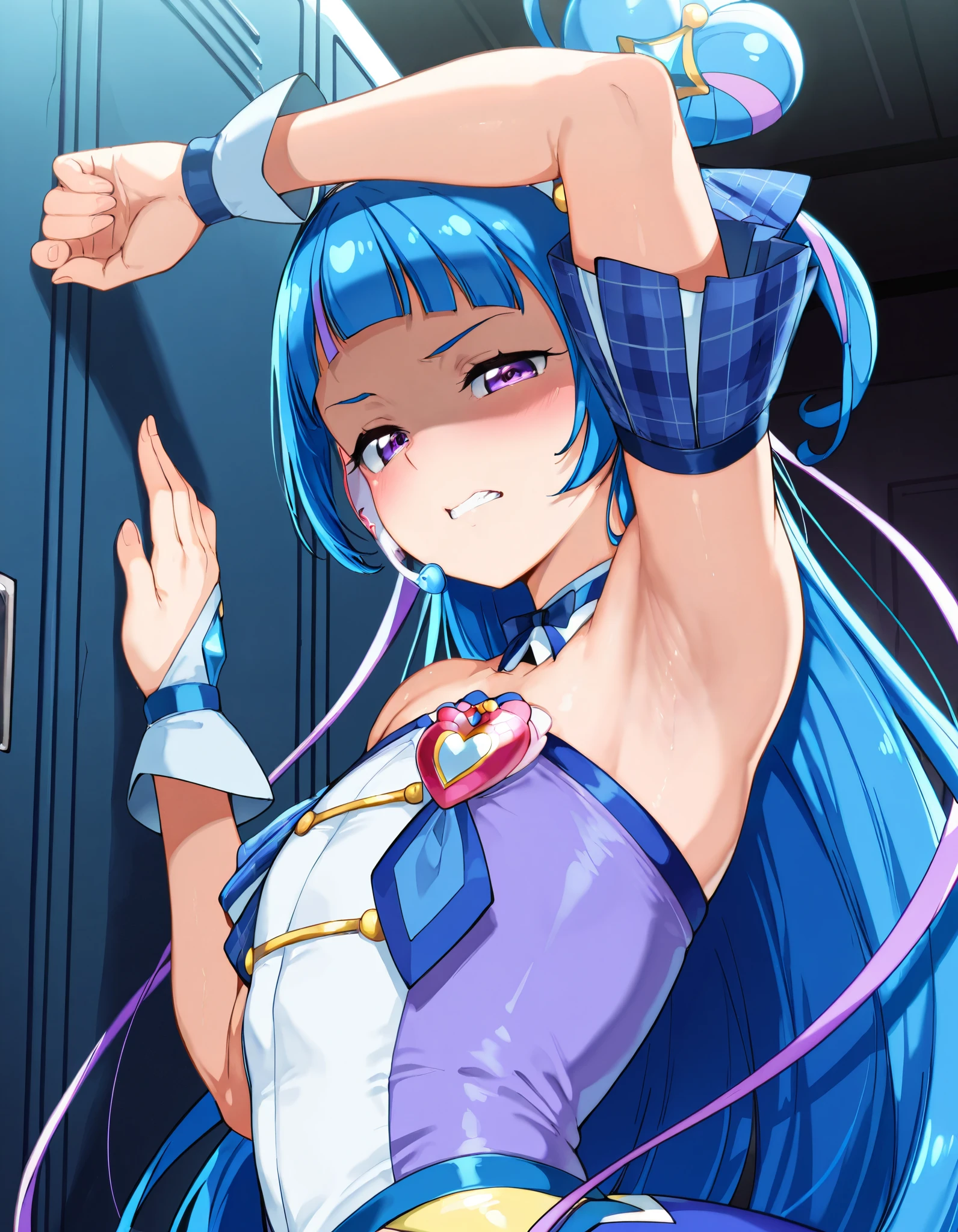 (masterpiece, best quality:1.4), cinematic light, colorful, high contrast, (1girl), UltiOP, onepieceanime, ((large breasts)), multicolored hair, long hair, blue hair, pink hair, bangs, horns, blush, armpits, night, bath, bathing, nude, desnudo