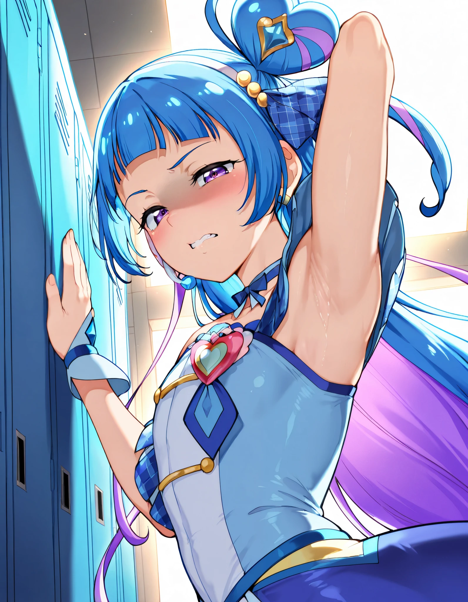 curewink, cure wink, kimi to idol precure, blue hair, magical girl, mini crown, purple eyes, tilted headwear, very long hair, blunt bangs, bare shoulders, hairband, two-tone hair, purple hair, jewelry, idol clothes, idol,heart brooch, headset,
,BREAK, armpit, arm over head, left arm over head. focus on armpit,
shaded face, ,blush, (narrowed eyes:1.2),\(troubled eyeblows:1.5\), disdaining , (dissapointed:1.1),(clenched teeth), look down at viewer, masterpiece,absurderes, beautiful detailed face,
BREAK, masterpiece,absurderes, beautiful detailed face,(masutepiece:1.2), Best Quality, High resolution, Unity 8k wallpaper, (Illustration:0.8), (Beautiful detailed eyes:1.6), extra detailed face, Perfect Lighting, extremely details CG, (Perfect hands, Perfect Anatomy)
,BREAK,Alp,
,looking at viewer, glare at viewer,
from side,show armpit from short sleeves,
((masutepiece,hight resolution)), masutepiece, Best Quality, , absurderes, Perfect Skin, Detailed skin texture, ultra-detailliert, 8K, Intricate details, beautifull detailed face,hight resolution, 1girl ,from front,
indoors,locker room