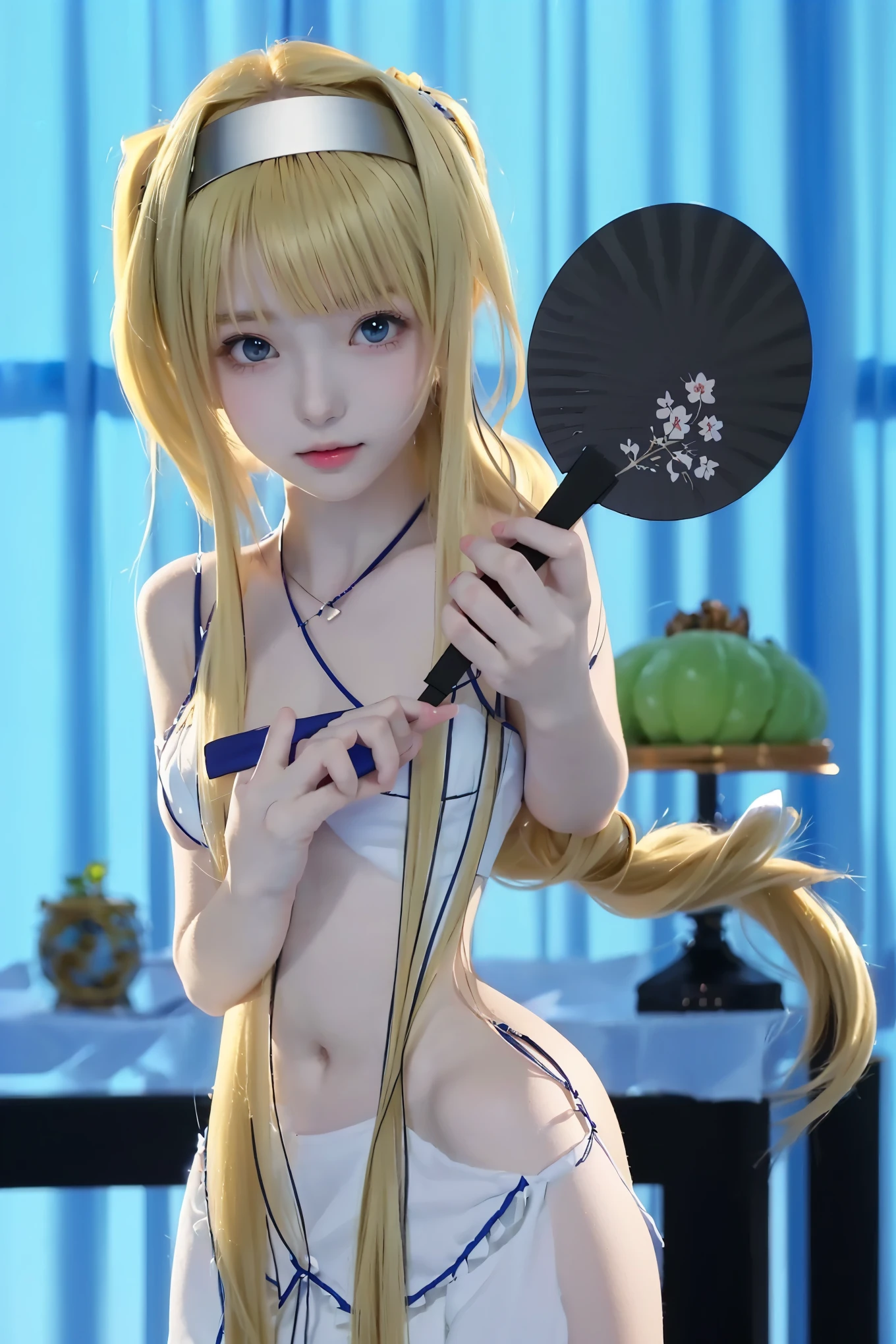 Blonde、Beautiful young woman、Twin tails、Yellow ribbon hair accessory、Sheer clothing、Exposed skin、Transparent panties、Thong、Butt、belly button、side、Leg spread、open