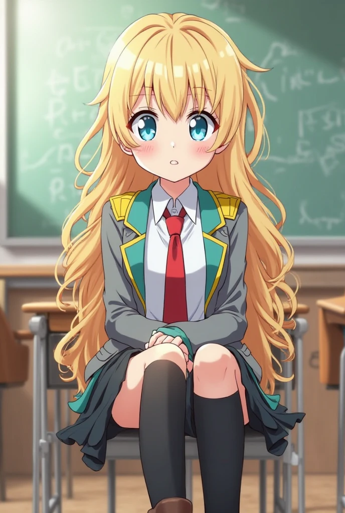 Priestessess, Priestessess, Blonde, blue eyes, Long Hair, Hair between the eyes, (Small breasts:1.2), smile,white yシャツ, Short sleeve, Pleated skirt, socks, Collared shirt, mini skirt, White knee socks, (Black Skirt:1.5), Sweater vest, (yellow Sweater vest:1.5),Brown Loafers,Daytime,sunny,sitting on a chair with legs crossed,There is a textbook on the desk,whole bodyがイラストに入るように,
break indoors, classroom,
break looking at viewer, whole body,
break (masterpiece:1.2), highest quality, High resolution, unity 8k wallpaper, (figure:0.8), (Beautiful fine details:1.6), Highly detailed face, Perfect lighting, Highly detailed CG, (Perfect hands, Perfect Anatomy),