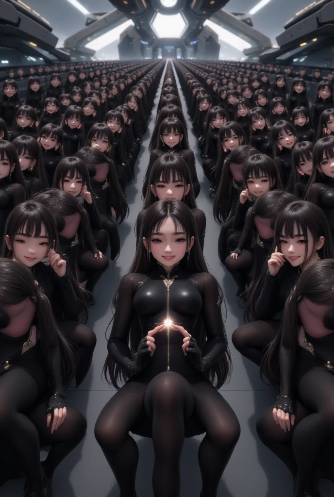 An army of android girls with black and gray robot armor, long black hair and red eyes formed one after another in rows in third person, in a base or hangar, outdoors with a moderately dark sky.