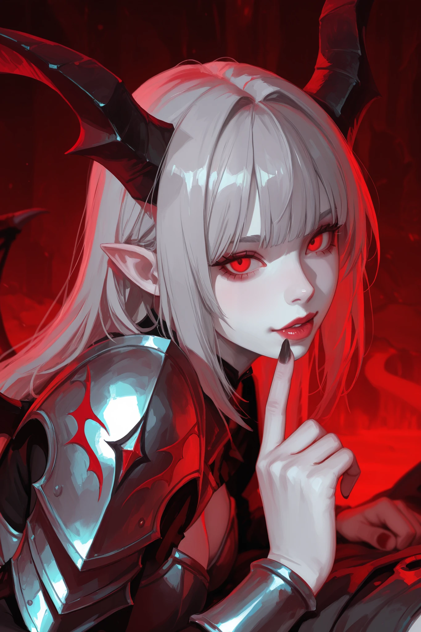 portrait, female in teasing pose with one finger on lips, succubus demon with black long horns, pale white skin, wearing sexy armor, laying down on her side, pointy ears, long grey hair with bangs, red eyes looking at viewer wasteland, background with intense red lights