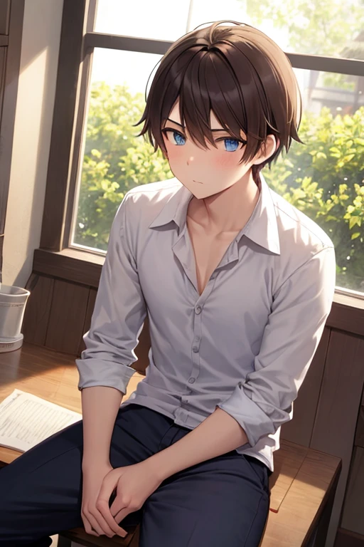 Brown-haired high school boy, with blue eyes, He is turning to the window while he is sitting and next to him watching the petals of a tree fall which counts them and is cute and handsome