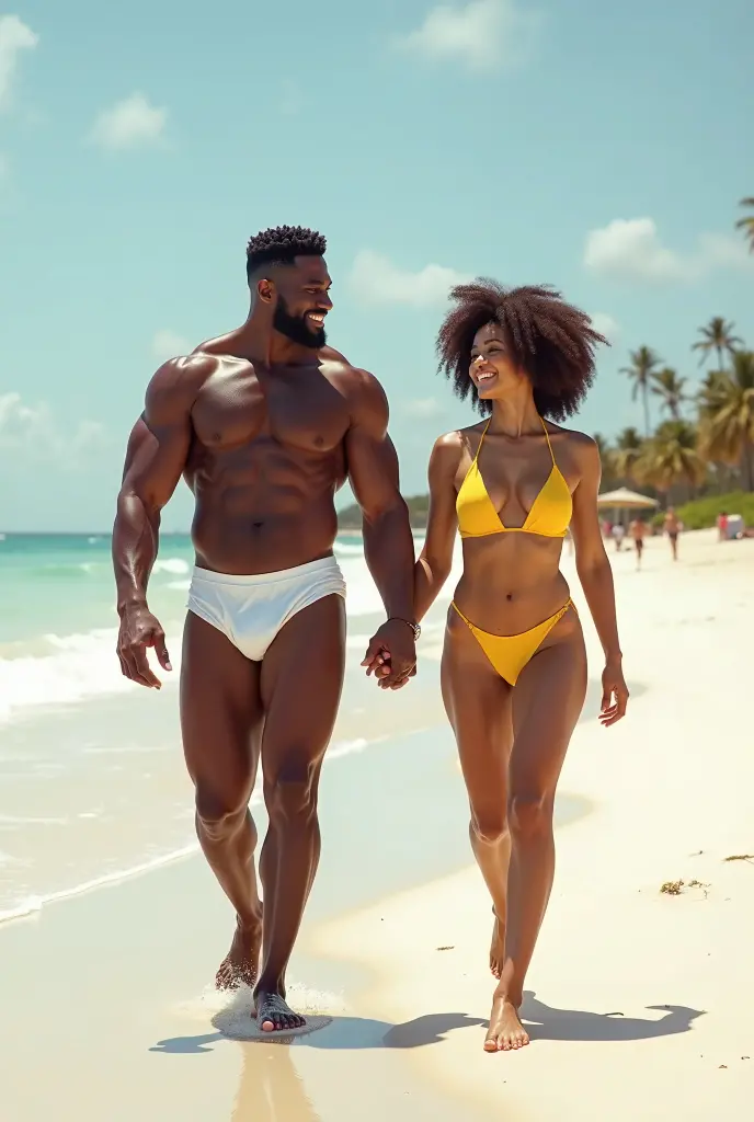 Two men bodybuilders wearing G-string to cover private parts, standing near a woman bodybuilder, woman in a tight bright bikini, dark tan, show walking in a tropical environment like the Florida Keys, show the woman a muscular but not too many muscles, two men bodybuilders in the image