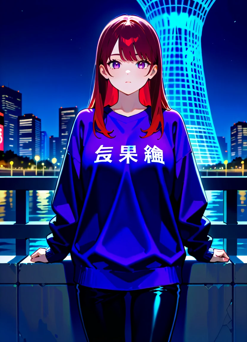 highdefinition images、 night city、 Statue of Liberty illuminated by moonlight、 1 girl、 one person、 facial details 、 maroon hair、 beautiful eyes、 watching viewers 、 Whole body highdefinition images、 girl walks along the Hudson River with heavy traffic to see、cowboy shot、 I closed my mouth 、 facial details 、 purple sweatshirt 、 black pants 、 Statue of Liberty in a slightly distant position。