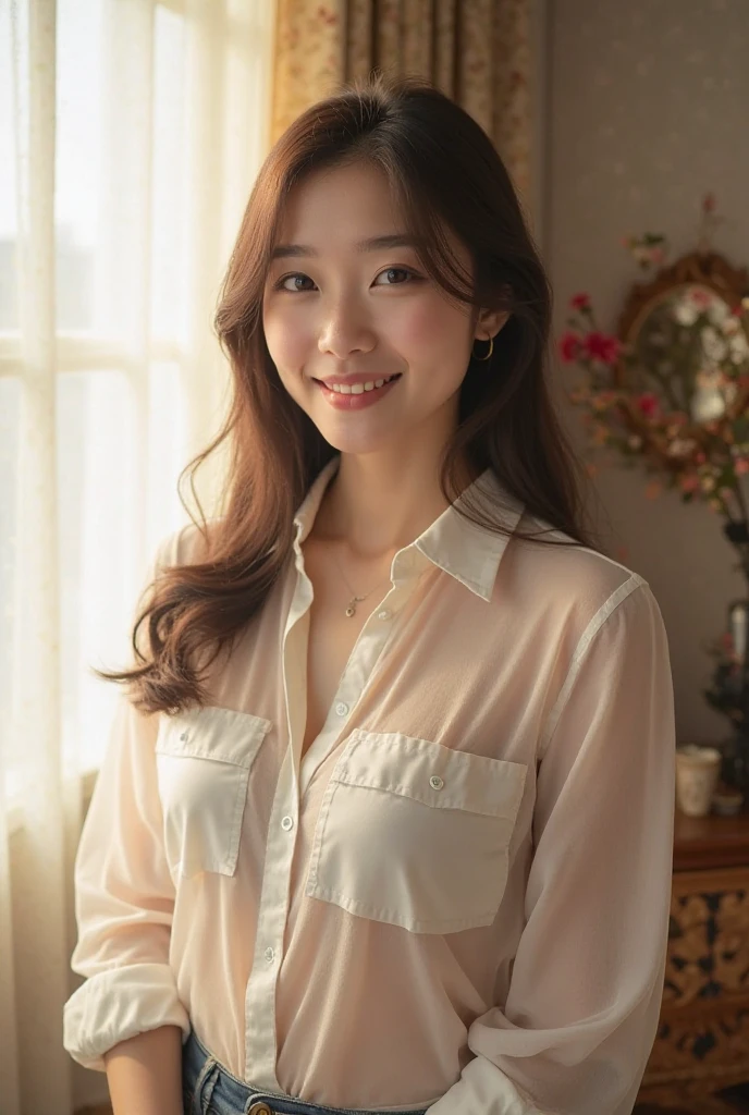 White blouse,Long hair,Upper body