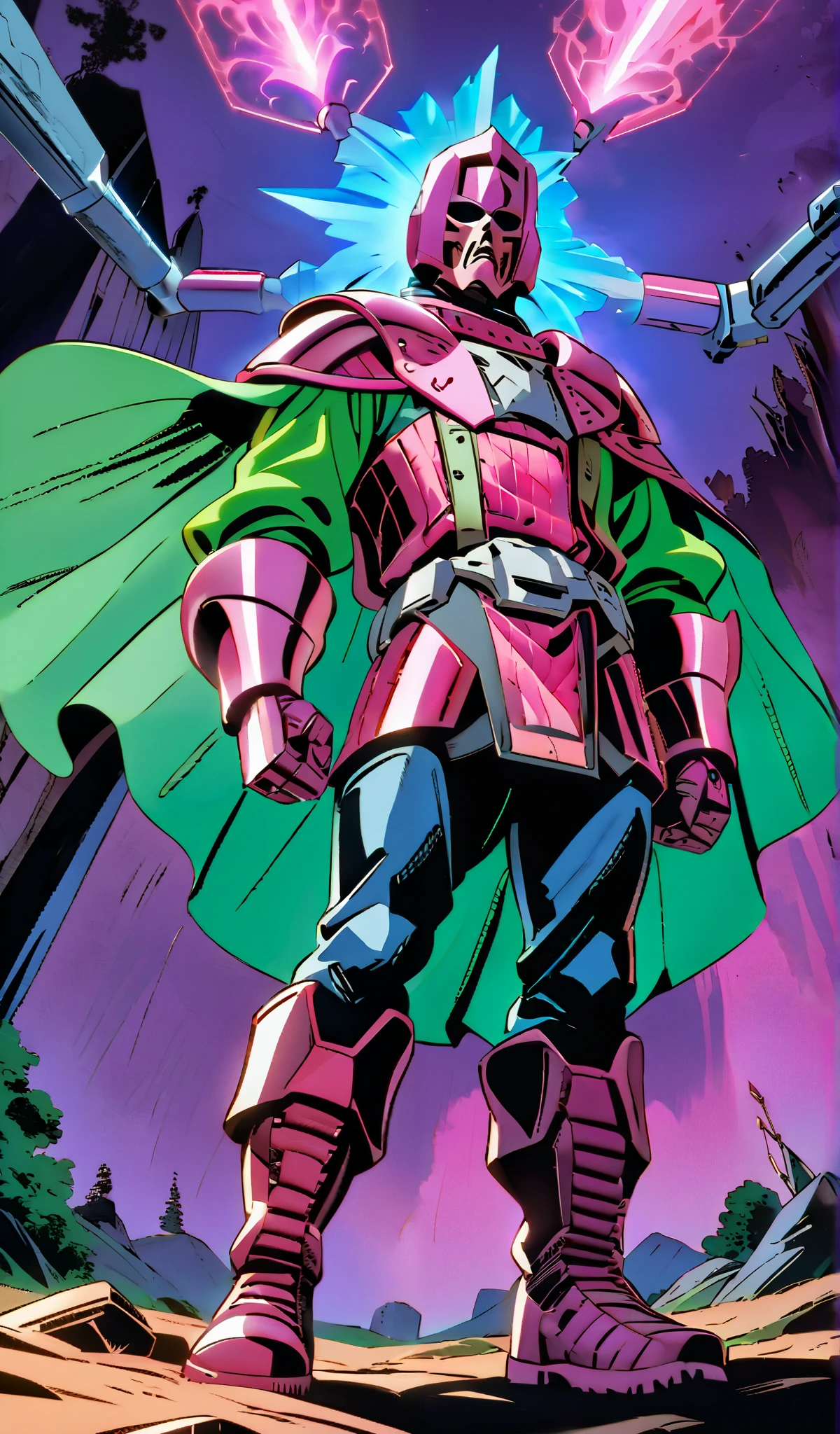 Drawn in 80’s anime art style.
Retro anime. Vintage Anime. Classical Anime.
The outfit is a highly recognizable and iconic superhero suit, primarily green and black, designed for both style and functionality. Here’s a detailed breakdown of its elements:
This person’s combat attire is a fusion of medieval warlord aesthetics, cutting-edge technology, and dark sorcery. He wears a cold, expressionless metal mask fused to his scarred face, paired with a reinforced helmet for added protection. His titanium alloy armor, sometimes infused with vibranium, grants superhuman strength, energy projection, and force field generation, making him nearly indestructible. Over this, he dons a fire-resistant green cloak and hood, often enchanted for extra defense. His gauntlets and boots contain built-in electrical weapons, jet propulsion for flight, and shock-absorption systems. A utility belt holds advanced gadgets, anti-magic tools, and teleportation devices, while his armor is infused with sorcery, allowing him to resist and counter magical attacks. His regal golden clasps, bearing the Latverian insignia, sometimes function as power sources or communication devices. This fearsome combination of strength, science, and sorcery makes them an unstoppable force on the battlefield.
This outfit not only provides protection but also enhances the Superhero’s combat capabilities, making them an effective and stylish anti-hero.