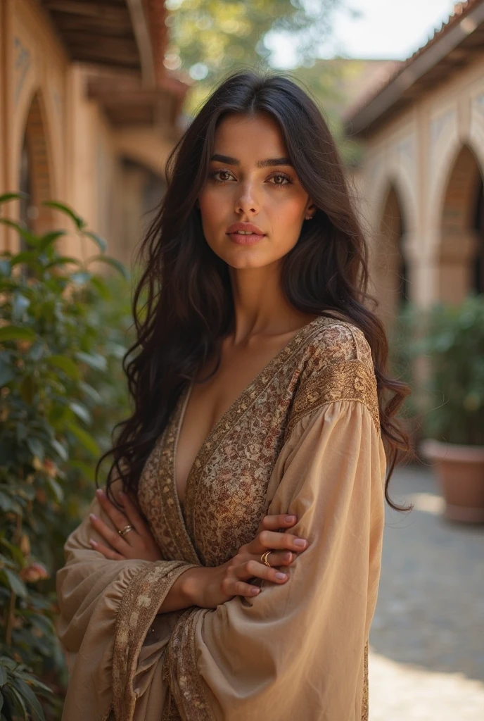 Portrait of A confident-looking indian woman with long flowing hair, hazel eyes, with topless flowing capes, sitting in the park, perfect composition, hyperrealistic, super detailed, 8k, high quality, trending art, trending on artstation, sharp focus, studio photo, intricate details, highly detailed, art by greg rutkowski