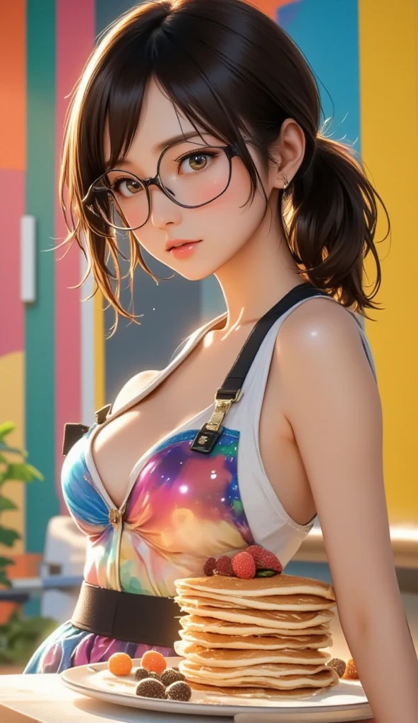 Japanese female celebrities who eat a lot、Gal Sone、Black-rimmed glasses、one piece、Brown Hair、long hair(Waves)、A lot of food、Eat with relish