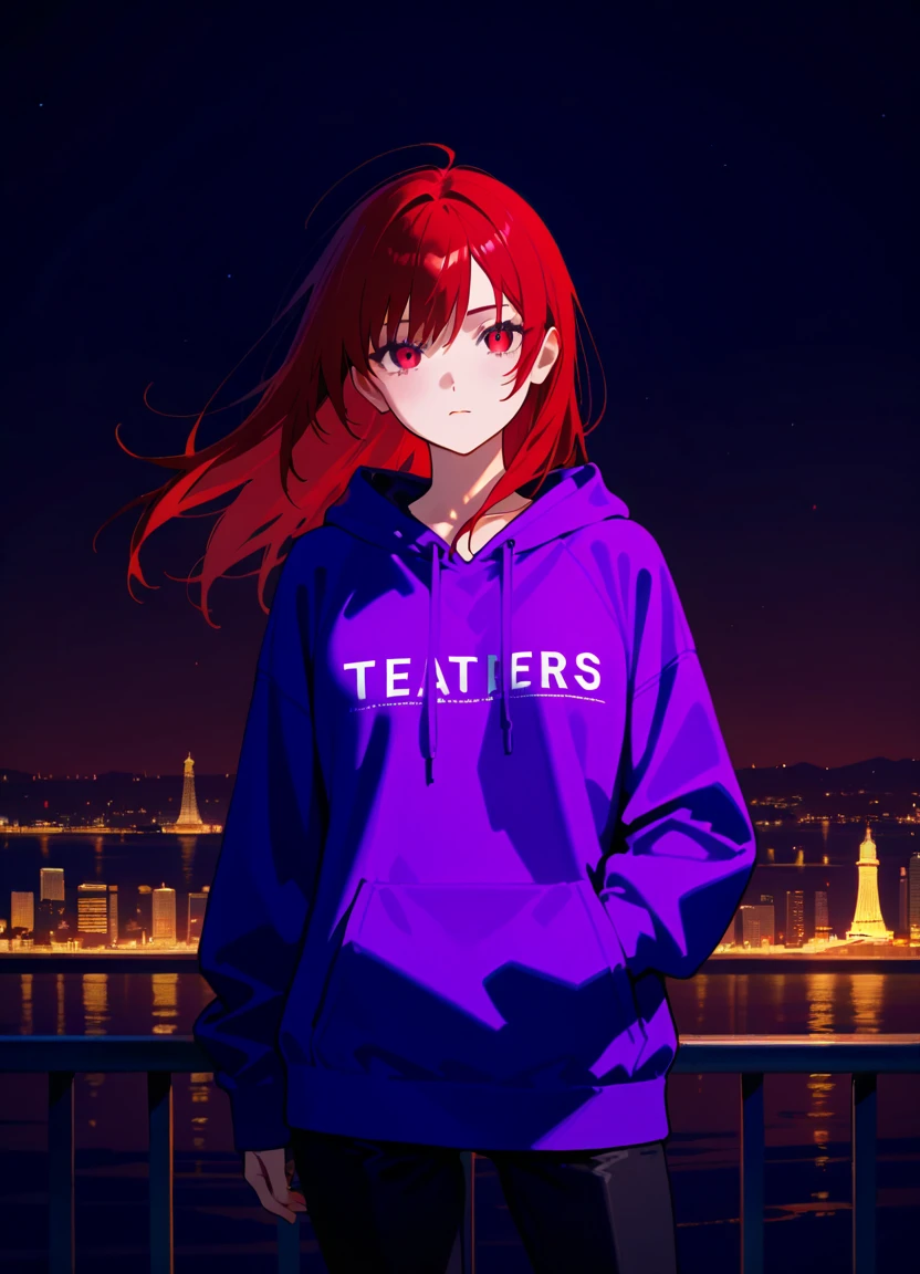 highdefinition images、 night city、 Statue of Liberty illuminated by moonlight、 1 girl、 one person、 facial details 、 maroon hair、 beautiful eyes、 watching viewers 、 Whole body highdefinition images、 girl walks along the Hudson River with heavy traffic to see、cowboy shot、 I closed my mouth 、 facial details 、 purple sweatshirt 、 black pants 、 Statue of Liberty in a slightly distant position。