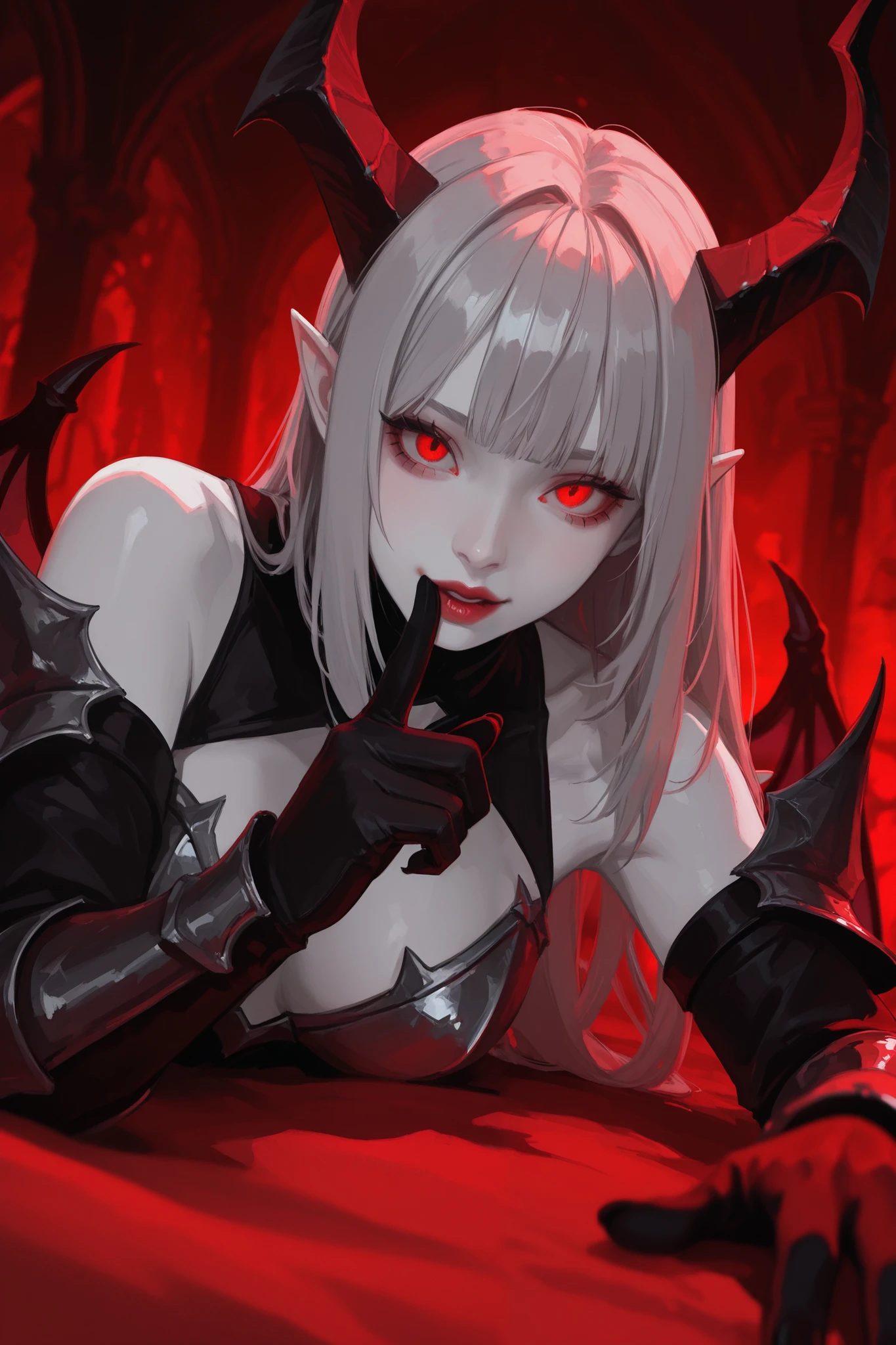 portrait, female in teasing pose with one finger on lips, succubus demon with black long horns, pale white skin, wearing sexy armor, laying down on her side, pointy ears, long grey hair with bangs, red eyes looking at viewer wasteland, background with intense red lights