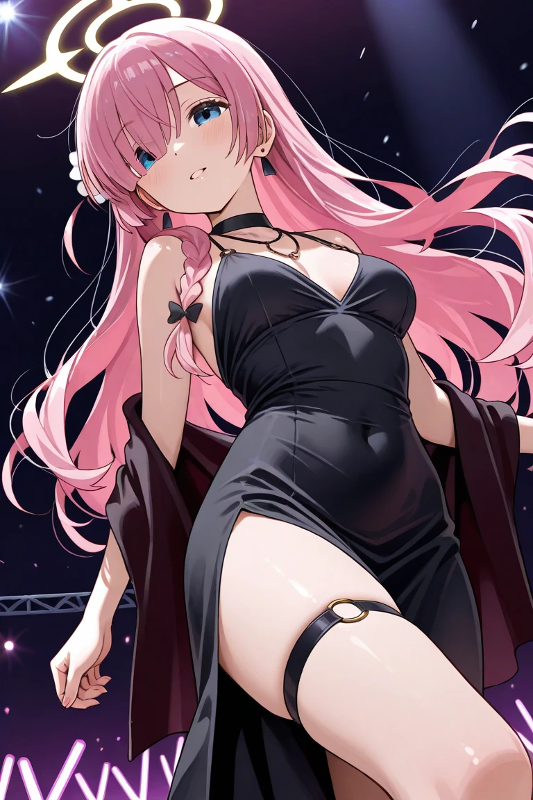 masterpiece, best quality, highres, 1990s \(style\), black lady, 1girl, double bun, twintails, parted bangs, pink hair, cowboy shot, (animification:1.4), futoshi slim, (aged up:1.4), (mature female:1.4), long hair, red eyes, solo, shy, night Tokyo background