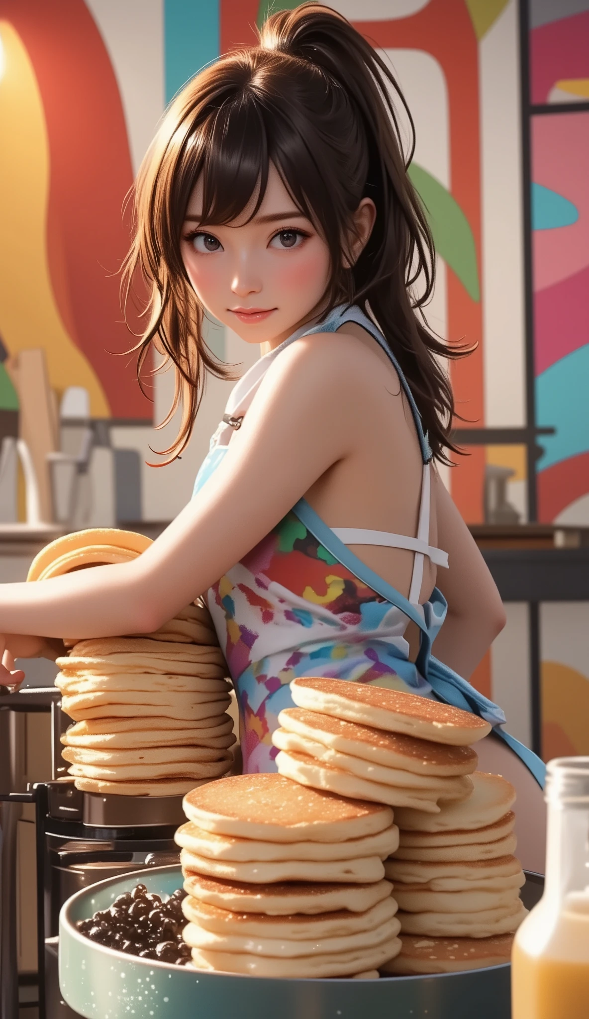 (best quality, 8k, masterpiece:1.3), (),chest,(beautiful face:1.3),standing,kitchen,(making pancakes), (Pancakes piled up in many layers), ( shyニースキン:1.2),( Beautiful slim woman in her 20s),Side Ponytail,(),(shy),,excited,(naked wearing a short apron),,(colorful),  striped  ,(micro panties),(uplifted well-defined breasts, Big Breasts, Deep cleavage 、wet body,  sparkling skin ),close-up pancake,,(slouches forward, : 1.5),( Black-rimmed glasses:1.6), (side view:1.3)