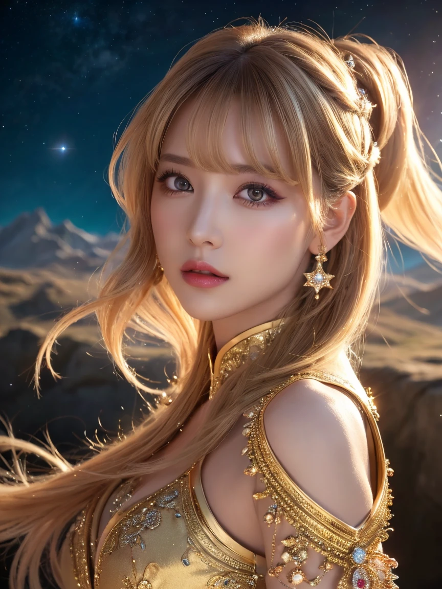 Creating a man with unique characteristics, Inspired by the constellation Leo and the stars in the universe, this piece is an artistic expression of the essence of this constellation., With impressive features and a mysterious atmosphere, Leaves golden traces and golden light as evidence, Golden-yellow hair and a confident smile。With long, curly, voluminous hair, which is the symbol of the mane、It essentially expresses the pride of Leo.。