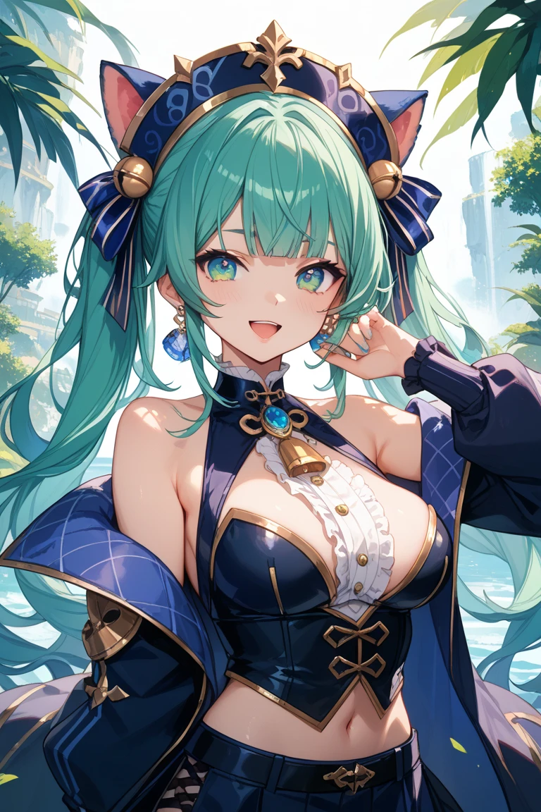 1girl,solo,super detailed skin,shiny skin,wet oily skin,natural smile ,eyelashes,green hair,long hair ,large breasts ,unique and complex clothes ,fantasy city,hand up,masterpiece,best quality,ultra detailed,high resolution,sharp focus,depth of field