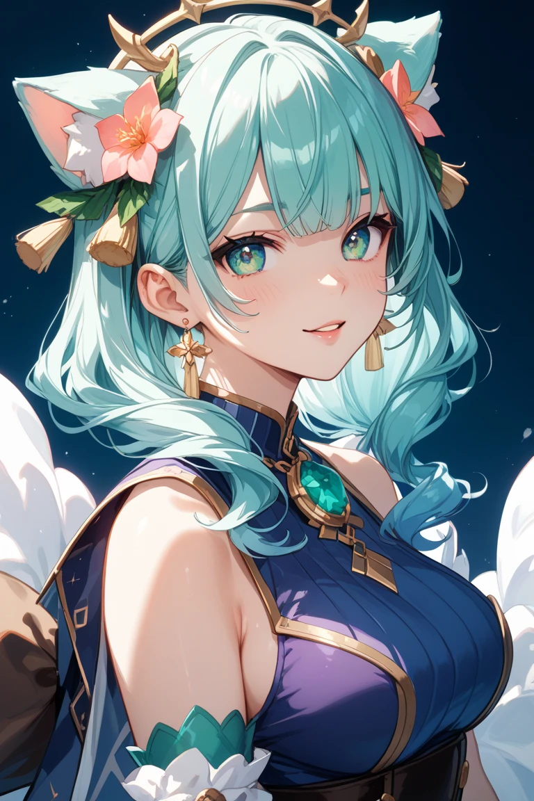 (masterpiece), 8k cg, stunningly beautiful girl, intricate details, chromatic aberration, ((bust shot)), ((looking at viewer)), 1girl, Ceres Fauna, (FaunaBase, long hair, braided bangs, hair flower, blue dress, wide sleeves, single thighhigh, bridal gauntlets), Dynamic, extremely beautiful and delicate portrait, cute face, wide smile, joyful, soft cheeks, blush, makeup, absurdres, cinematic lighting, dynamic lighting, fantasy, ((dark background, fog))