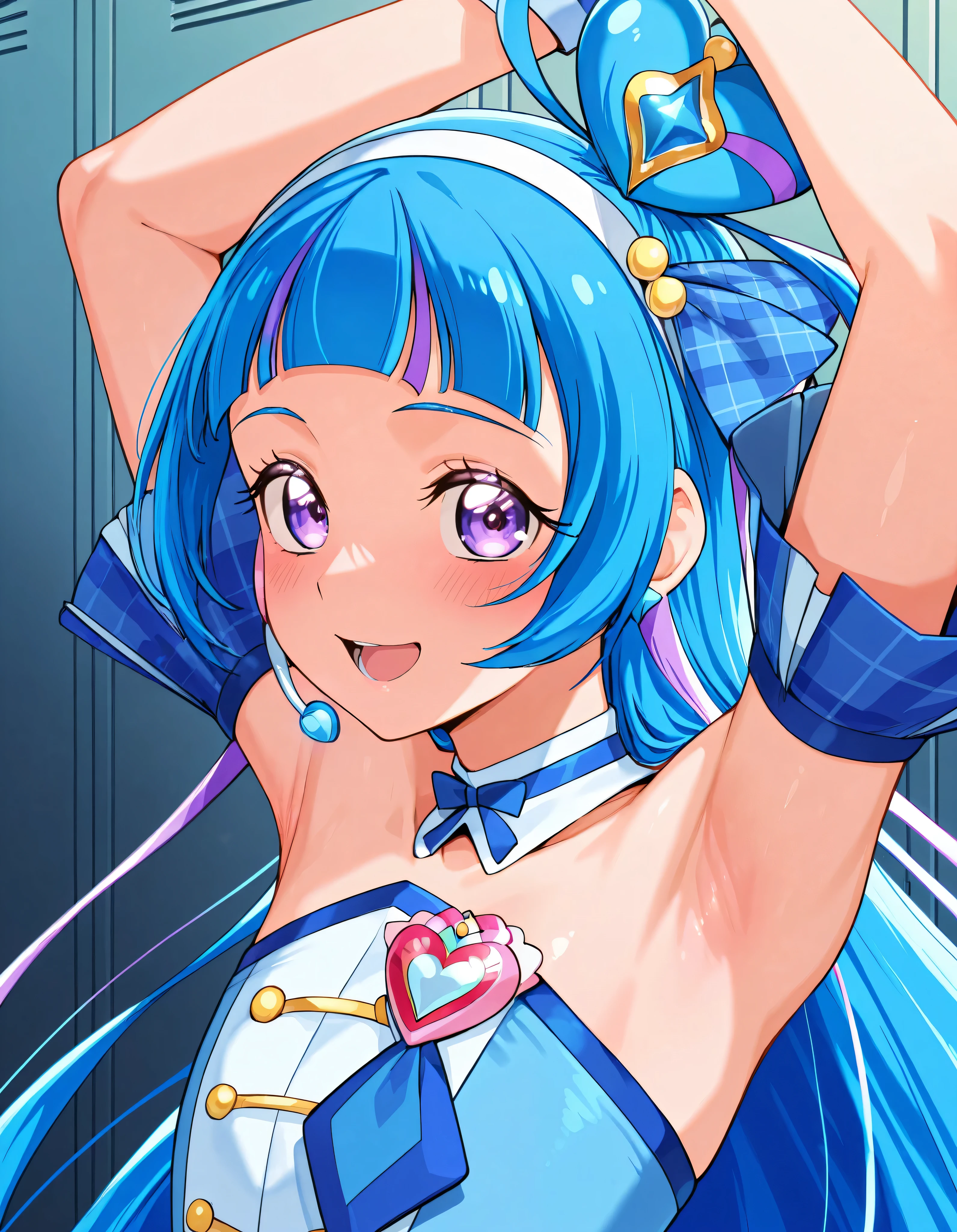 curewink, cure wink, kimi to idol precure, blue hair, magical girl, mini crown, purple eyes, tilted headwear, very long hair, blunt bangs, bare shoulders, hairband, two-tone hair, purple hair, jewelry, idol clothes, idol,heart brooch, headset,
,BREAK, armpit, arm over head, left arm over head. focus on armpit,
smile, ,scorn,open mouth, (cheerful),looking up at viewer,\(red blush\), embarrassed, (narrowed eyes:0.7), \(troubled eyebrows:1.5),smile,
from side,show armpit from short sleeves,
((masutepiece,hight resolution)), masutepiece, Best Quality, , absurderes, Perfect Skin, Detailed skin texture, ultra-detailliert, 8K, Intricate details, beautifull detailed face,hight resolution, 1girl ,from front,
indoors,locker room