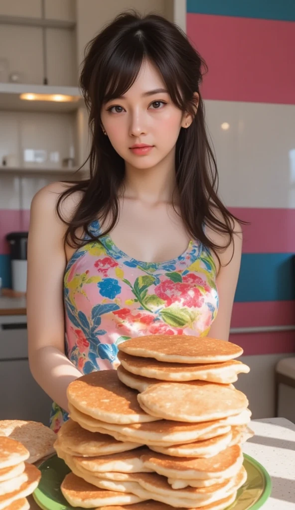 japanese woman with full lips, big lips, luscious lips, smashing cream pies in a bakery, wearing a one-piece swimsuit, round eyes, twin tail hair, 
