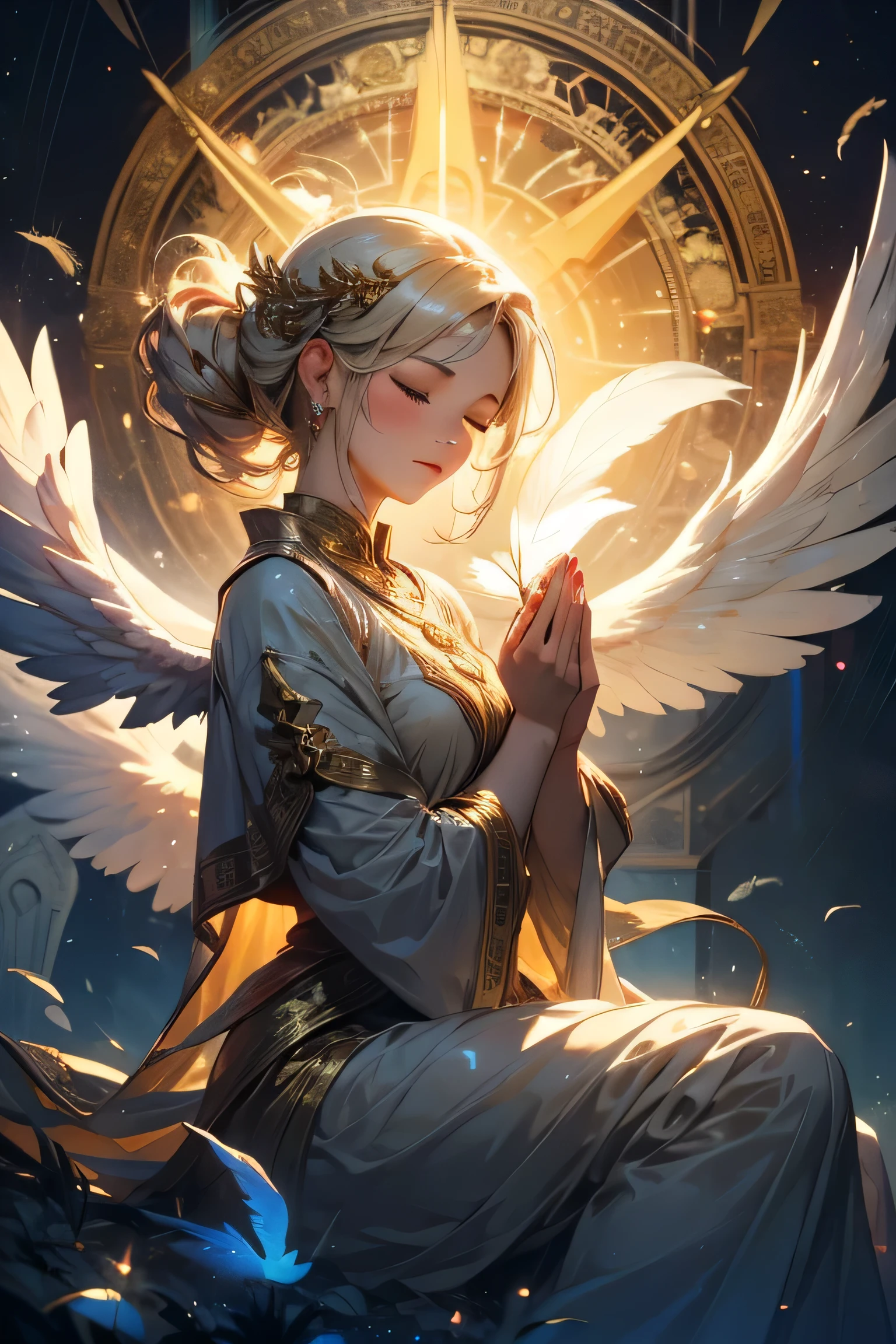 A young 15- yr old native European girl with lovely charminvg face,( skin texture masterpiece), (perfect full body detailed anatomy), (Super detailed), (meditating ), (perfect detailed glowing bright eyes),(short braided illuminating silver hair)，Wearing transparent costume of an angel，holding a treasure septer & shield, illuminating different lights covers the sorrounding atmosphere Has beautiful large white wings, The character solemnly praying 
