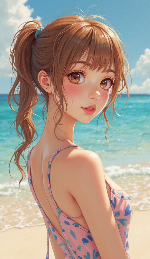 illustration, detailed illustration, ultra detailed, dynamic angle, 1girl, medium brown hair, wavy hair, big brown eyes, light freckles, cute, medium breasts, bikini, beach,