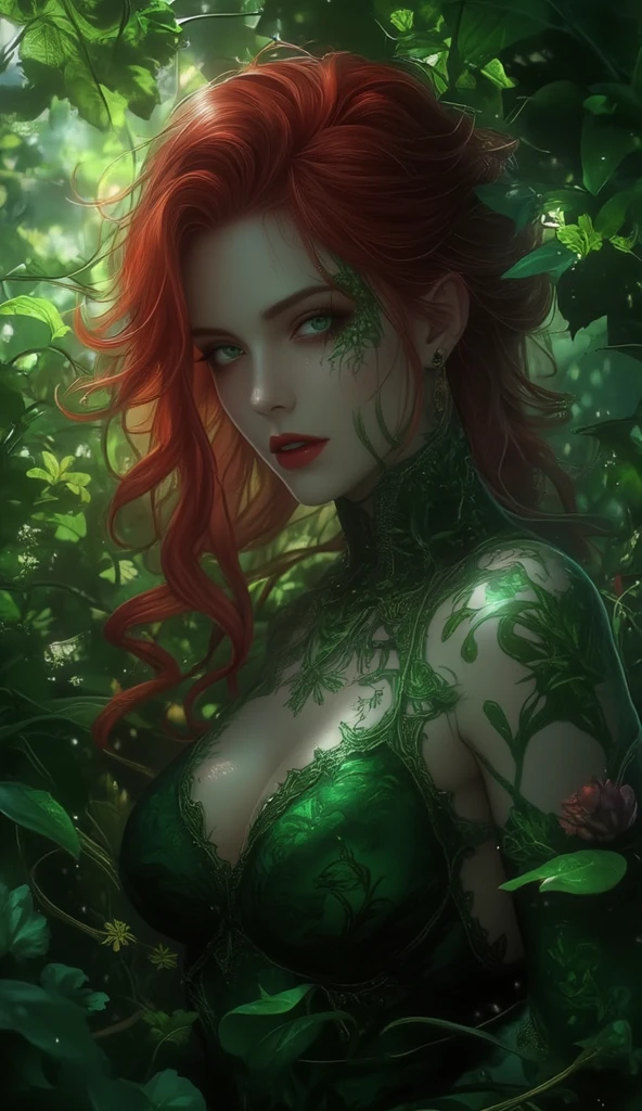 ((masterpiece)), (best quality, high resolution), dynamic pose, intimate bedroom setting, dramatic lighting, Poison Ivy using her vines to tie up Harley Quinn, close-up shot of bondages, color grading --auto --s2
