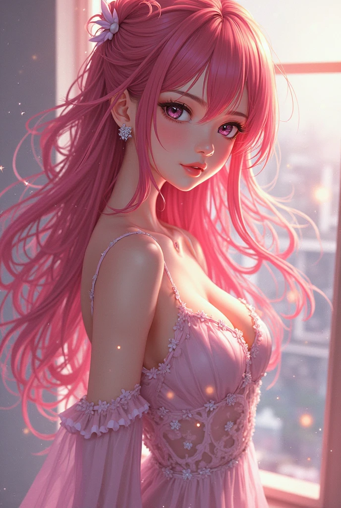 (pastel color palette), detailed aqua eyes, pink hair, (aqua eyes), Official art, Unity 8k Wallpaper, Ultra-detail, Beautiful and aesthetic, masterpiece, Best Quality, 1girl, ((big tits)), Extremely detailed, elegant, vivd color, romanticism, arms behind back, kawaii fashion, shiny skin, sexy pose, ((pink background)), heavy blushing, upper body, straight on, (cleavage), funky graphic design, (((anime style))), portrait,