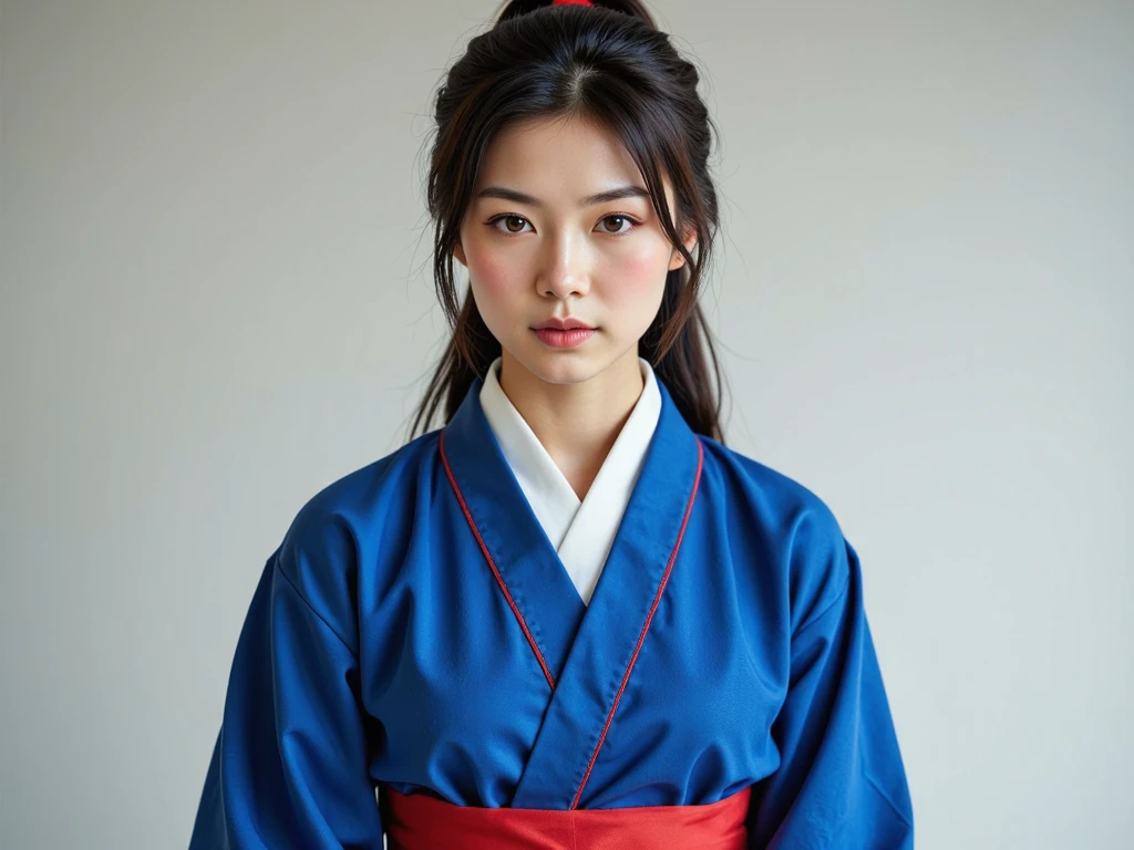 A Korean girl. Black hair is tightly tied in a bun on the top of her head, the rest of her hair falls over her shoulders. different colored eyes: green and blue. Red Hanbok. Red threads in her hands.