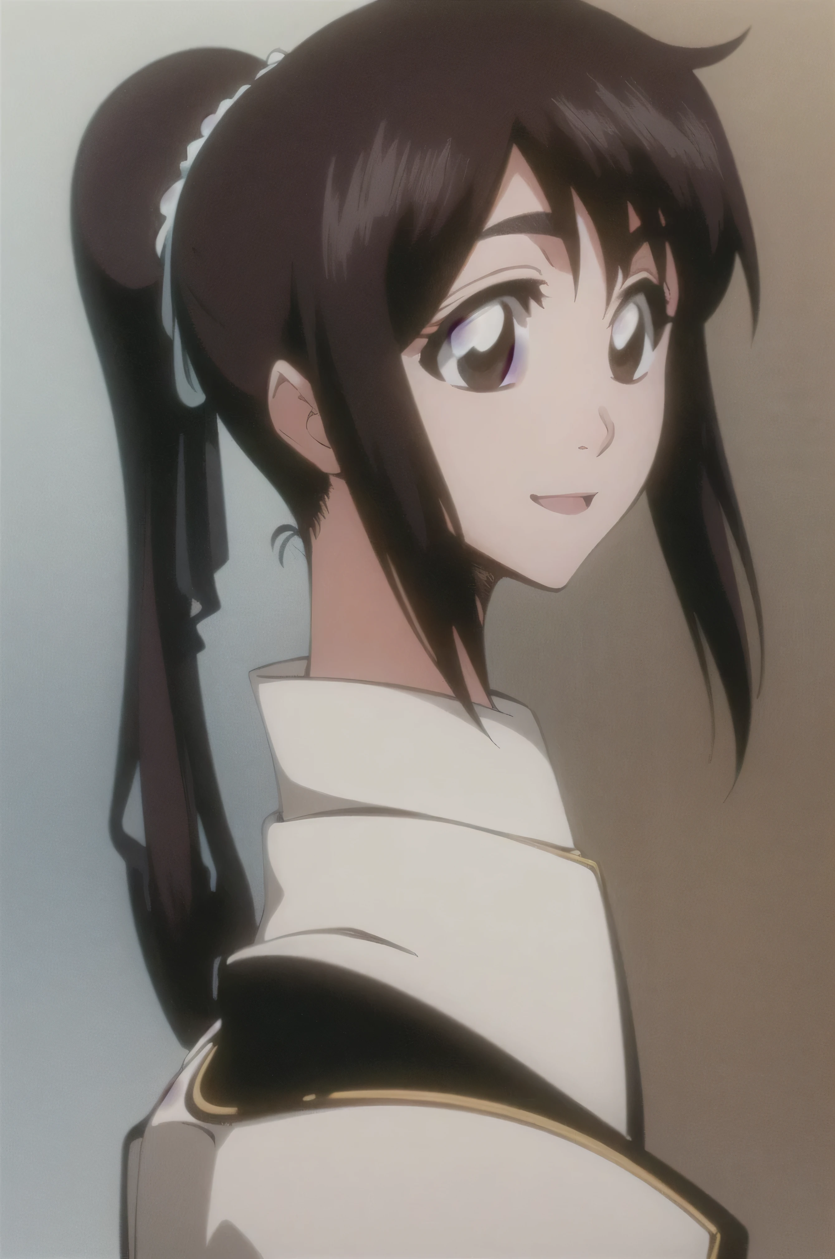 masterpiece,  best quality ,
 1 girl from the side ,   romantic love ,    black hair,long hair、  single , ponytail, Vancouver,  brown eyes,
 Hair bangs,
   kimono, white sleeveless coat ,Captain's coat without white sleeves,  黒の kimono ,
smile, alone,   I'm looking for ,   Simple Background ,  white background     