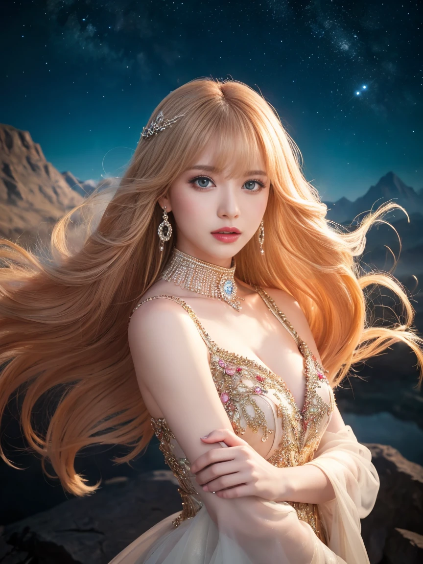 Creating a man with unique characteristics, Inspired by the constellation Leo and the stars in the universe, this piece is an artistic expression of the essence of this constellation., With impressive features and a mysterious atmosphere, Leaves golden traces and golden light as evidence, Golden-yellow hair and a confident smile。With long, curly, voluminous hair, which is the symbol of the mane、It essentially expresses the pride of Leo.。