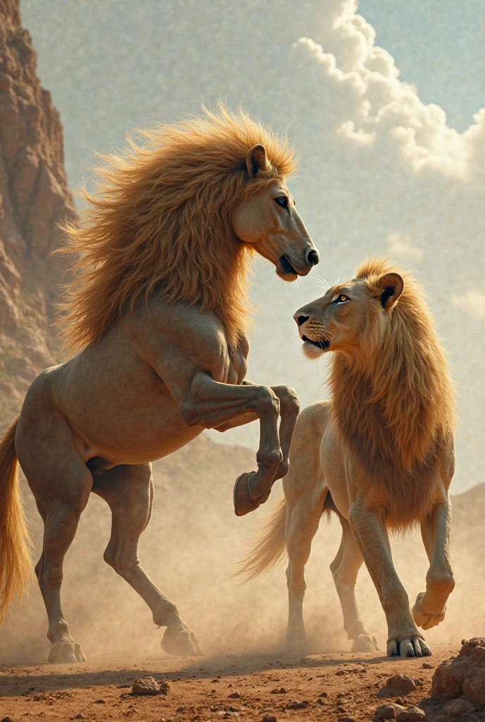 Create an image of a lion and a donkey and a prophet's body lying in the desert