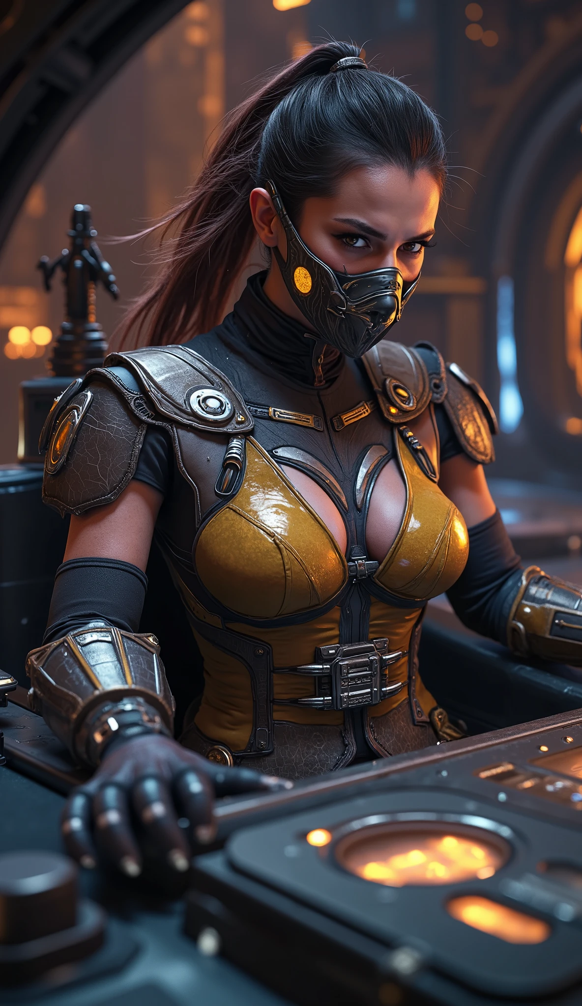 Sure! Here's the detailed prompt based on your updated description:
"Create a hyper-realistic, visually stunning 8K ultra HD close-up shot of a beautiful and fierce Mortal Kombat female version of Scorpion. She is sitting in the cockpit of the oldest, most intricately designed spaceship, exuding strength, allure, and a fiery intensity. Her costume combines Scorpion's iconic ninja aesthetic with a futuristic twist, featuring a blend of combat-ready armor, glowing yellow accents, and a mask that partially reveals her striking, hot features. The spaceship's interior is highly detailed, with ancient yet advanced technology, glowing controls, and a vintage, weathered look. The lighting is dramatic, with a mix of soft glows from the controls and harsh shadows, enhancing the hyper-realistic details of her face, hair, and surroundings. The overall composition is visually appealing, capturing the essence of a timeless warrior in a futuristic yet ancient setting, with a hint of her signature kunai or chain weapon nearby."
Let me know if you'd like further tweaks! 😊