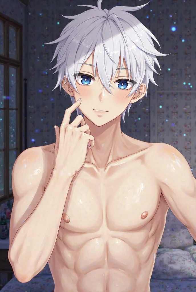 masterpiece, best quality, high quality, 1boy,, , duo, male focus, full body, looking at viewer, white hair,spiky hairstyle, short hair, steam smork, japan style, anime coloring, shy, home muji style, detailed face, topless, white towel on waist,