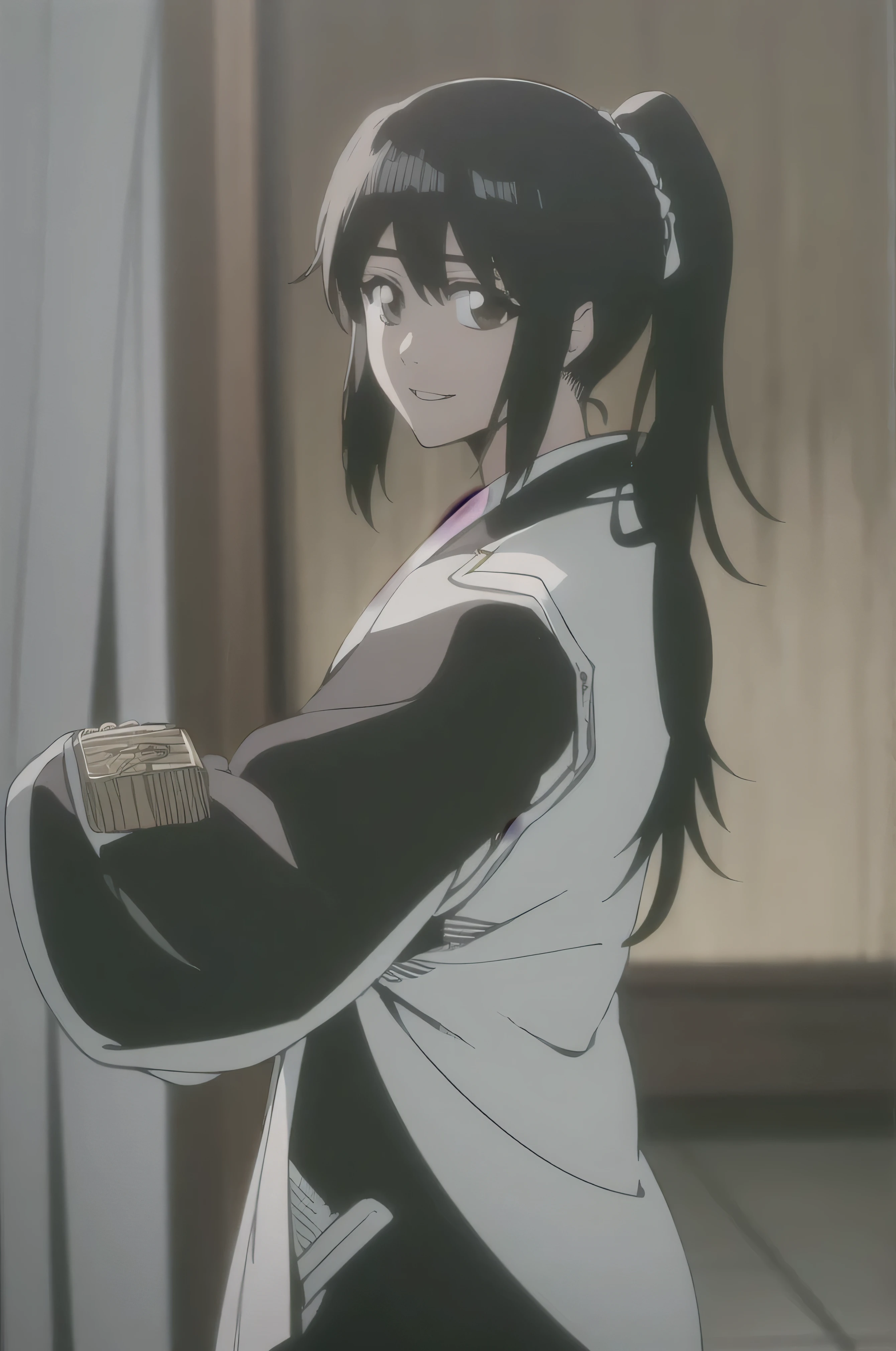 masterpiece, Highest quality ,
one girl from the side , romantic love , black hair, single , ponytail, Vancouver, brown eyes,
Hair bangs,
kimono, white sleeveless coat ,Captain's coat without white sleeves, black kimono ,
smile, alone, I'm looking for , simple background ,