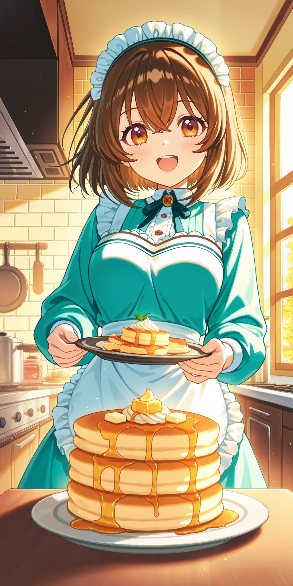 Pancake Day, Cute Anime Girl, Bright and Cheerful, Sweet and Fluffy Pancakes, Golden Brown, Maple Syrup Drizzling, Butter Melting, Whipped Cream, Fresh Berries, Cozy Kitchen, Warm Morning Light, Joyful Cooking, Festive Celebration, Happy Expression, Playful Vibes, Adorable Outfit, Soft and Fluffy Texture, Cute Table Setting, Delicious Aroma, Excited to Eat