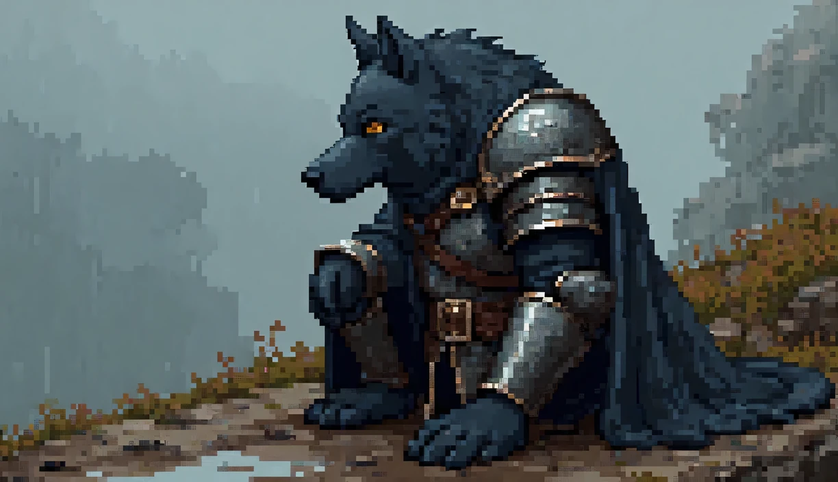 On the left side of the scene, a lone wolf knight kneels on a patch of soft, rain-soaked earth. His fur is dark gray, speckled with raindrops, and his sharp amber eyes gaze solemnly into the distance. He wears a battered steel breastplate with intricate engravings, partially hidden beneath a heavy, tattered cloak. The cloak is drenched from the rain, clinging to his form. His clawed hand rests on the pommel of a greatsword, its blade partially embedded in the muddy ground. His posture is weary but resolute, as if pausing during a long journey.