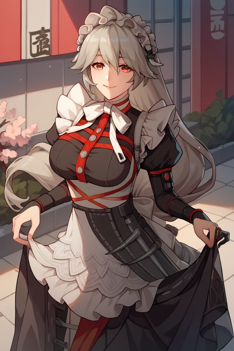 masterpiece, highest quality, High resolution, Humsalome, Drill Hair, Parted bangs, Black hair band, ribbon, Purple eyes, Big Breasts, tattoo, Red dress, Long sleeve, Exposing shoulders, Black gloves, Cowboy Shot, ojou-sama pose, smile, Open your mouth, put your hand on your face,View Viewer,From the back,Women stink,fart,Turn your buttocks here