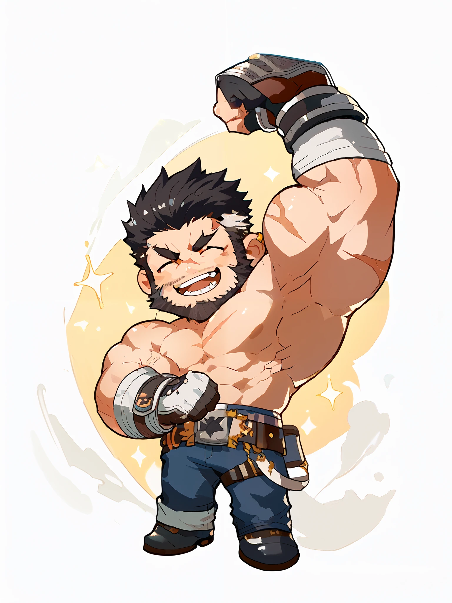 boy,   short hair, black hair, white streak, Gloves , scar,'s only,   beard,   unclothed,  Mini , cute,topless,Flexing muscles,Armpit smile, chibi