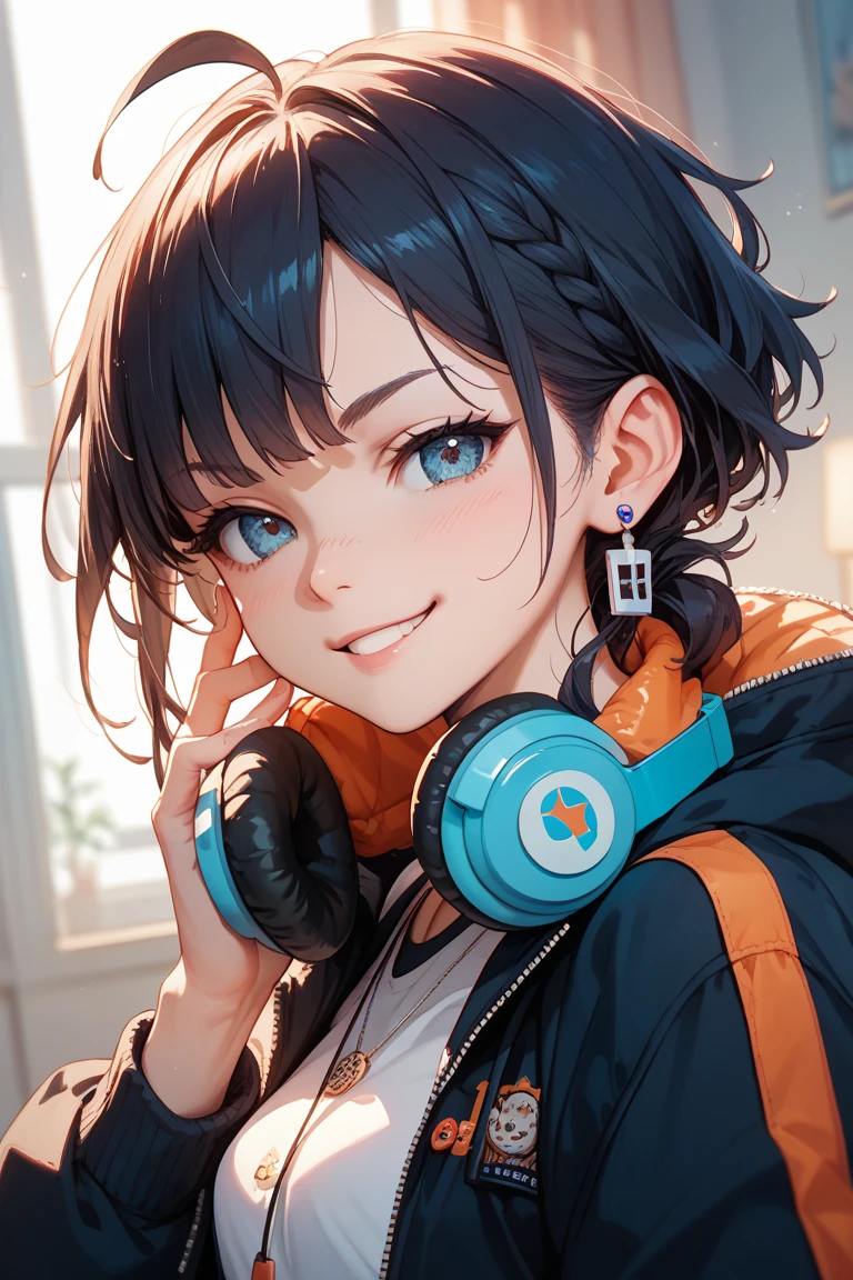 (best quality,4k,8k,highres,masterpiece:1.2),ultra-detailed,(realistic,photorealistic,photo-realistic:1.37),Afro black anime,blue and yellow outfit,happy on the phone,smiling,cheerful expression,stylish haircut,detailed eyes,detailed lips,vivid colors,clear lines,eyebrows on fleek,beautiful ,studio lighting,portrait style,colorful background,funky headphones,patterned clothes,sleek design,modern vibe,cool pose,positive energy,blue skies,sunny day,sparkling eyes,bright smile,energetic vibes,playful atmosphere,colorful scenery,joyful mood,phone conversation,excited gestures,expressive hands,animated expression,wireless earphones,confident posture,urban setting,lively personality+