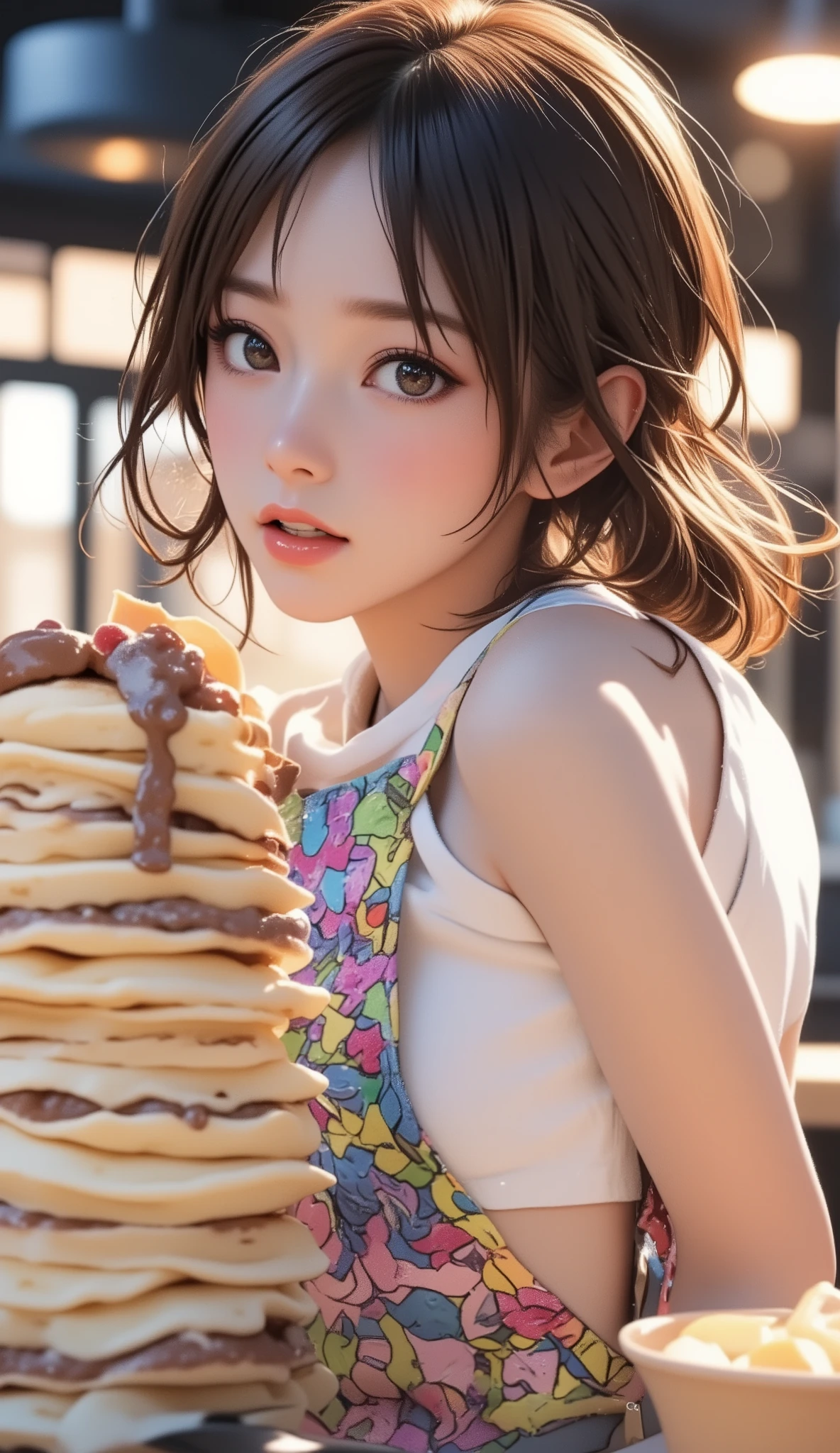 (best quality, 8k, masterpiece:1.3), (),chest,(beautiful face:1.3),standing,kitchen,(making pancakes), (Pancakes piled up in many layers, ice cream on top of the pancakes, ice cream on top of breasts), ( shinny skin:1.2),( Beautiful slim woman in her 20s),Side Ponytail,(),(shy),,excited,(naked wearing a short apron),,(colorful), striped ,(micro panties),(uplifted well-defined breasts, Big Breasts, Deep cleavage 、wet body, sparkling skin ),close-up pancake,,(slouches forward, : 1.5),( Black-rimmed glasses:1.6), (side view:1.9)
