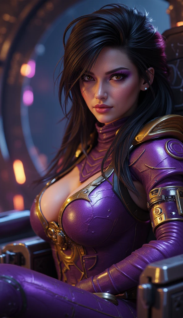 A perfect sexy, delicious and beautiful, Lush and very young erotic android, strong cybernetic warrior with black African and oriental features, Japanese and Chinese, Soft Face, sexy e angelical, very sexy open mouth, mixed with the clone of the Greek warrior goddess Athena, with huge super ultra mega giant breasts, Brunetette, big plump and thick lips, extremely thin waist, very tanned and sweaty, HUGE big ASS, steep, HARD AND MUSCULOUS, Purple colored eyes, with barcode tattoos, transformed into a super sensual and extremely super ULTRA HIPER mega muscular astronaut goddess, fitness, bodybuilder, fit bodybuilder and weightlifter, very muscular thighs wearing very short punk style hair, super radical and purple and very smooth in locks, wearing sexy cyberpunk battle outfits, seen in the form of a hologram made only of light energy, coastal view, administrator and leader, queen goddess of a gigantic fleet of thousands of spaceships and hundreds of planets of her powerful stellar empire running courageously across the bridge of a star cruiser wearing a holographic helmet in the Corinthian battle format with a visor and horsehair topknot, of luminous Athenian warrior, electronic and futuristic posing extremely sexy, Floating in space