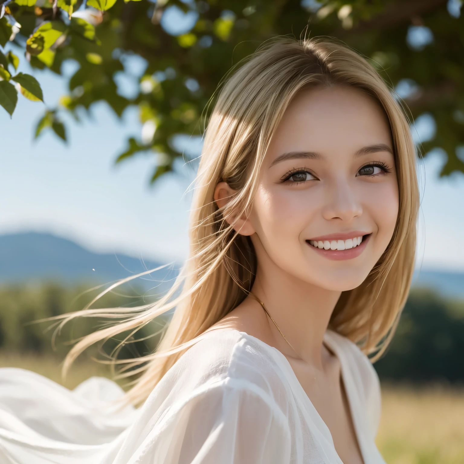 masterpiece, best quality, Capture a candid moment of a youthful German girl in a flowy white dress, with golden locks of hair reflecting the sunlight as she radiates pure joy and warmth. The photograph should capture the essence of healing and cheerfulness. Inspired by the work of photographer Lena Donauer, use a warm and bright color temperature to enhance the glow on the subject's face. The lighting should be natural, with soft shadows and a gentle breeze to emphasize the ethereal quality of the scene. Shot with a Canon EOS R5 camera, using a 35mm lens with an aperture of f/1.8, ISO 200, and a shutter speed of 1/800 sec. Vignette and light leaks, with a soft focus, should also be added in post-processing to create an idyllic, dreamy quality. UHD dtm HDR 4k