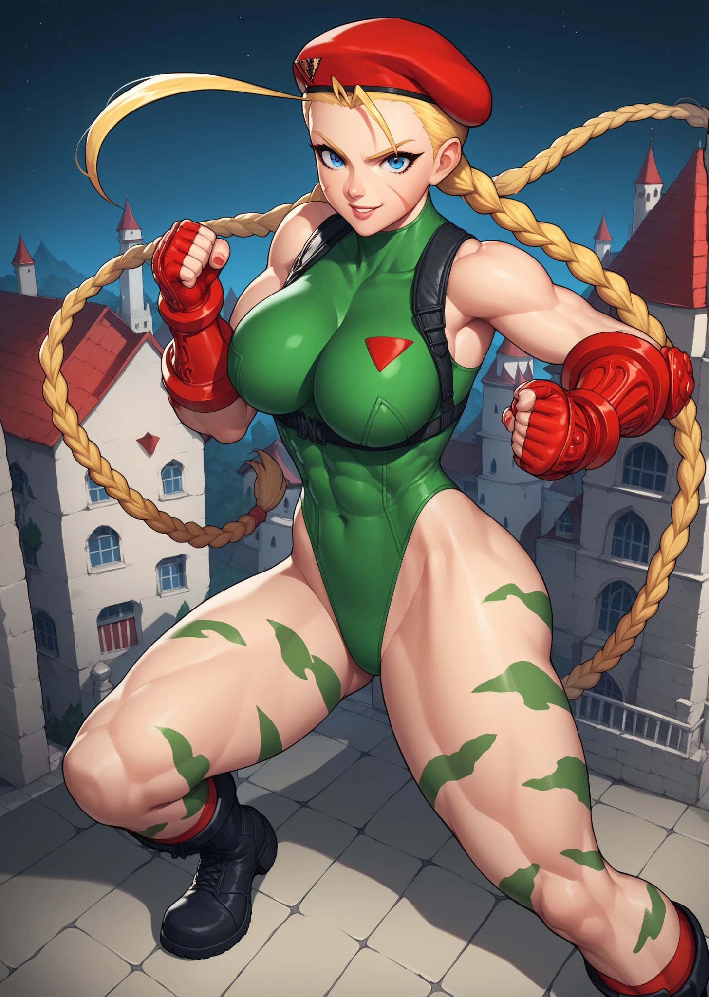 (Muscular:2.4), (thick upper thighs:2.3), (abs:1.5),
(cammy, blonde hair, long braids:1.5), beauty mark, freckles,
detailed eyes, detailed skin, red lips, eyeshadow, (big smile:1.2),
(small breasts:1.5), hard nipples,
(green sleeveless leotard, small gloves, red beret, armband:1.5), boots,
(upper body view:2), (looking at viewer:1.4), (three quarter view:1.7), (sexy pose:1.5),
back alley, (dimly lit:1.5)