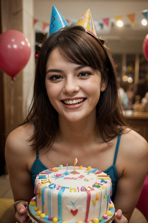 young below average woman, birthday party, cake, people in background