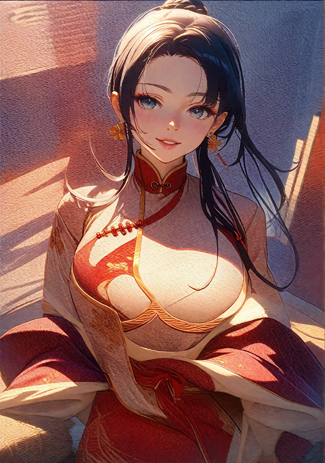 Female with long black straight hair, hairpin, big breasts, cleavage, imperial concubine's clothing, flowery footbed, Chinese palace