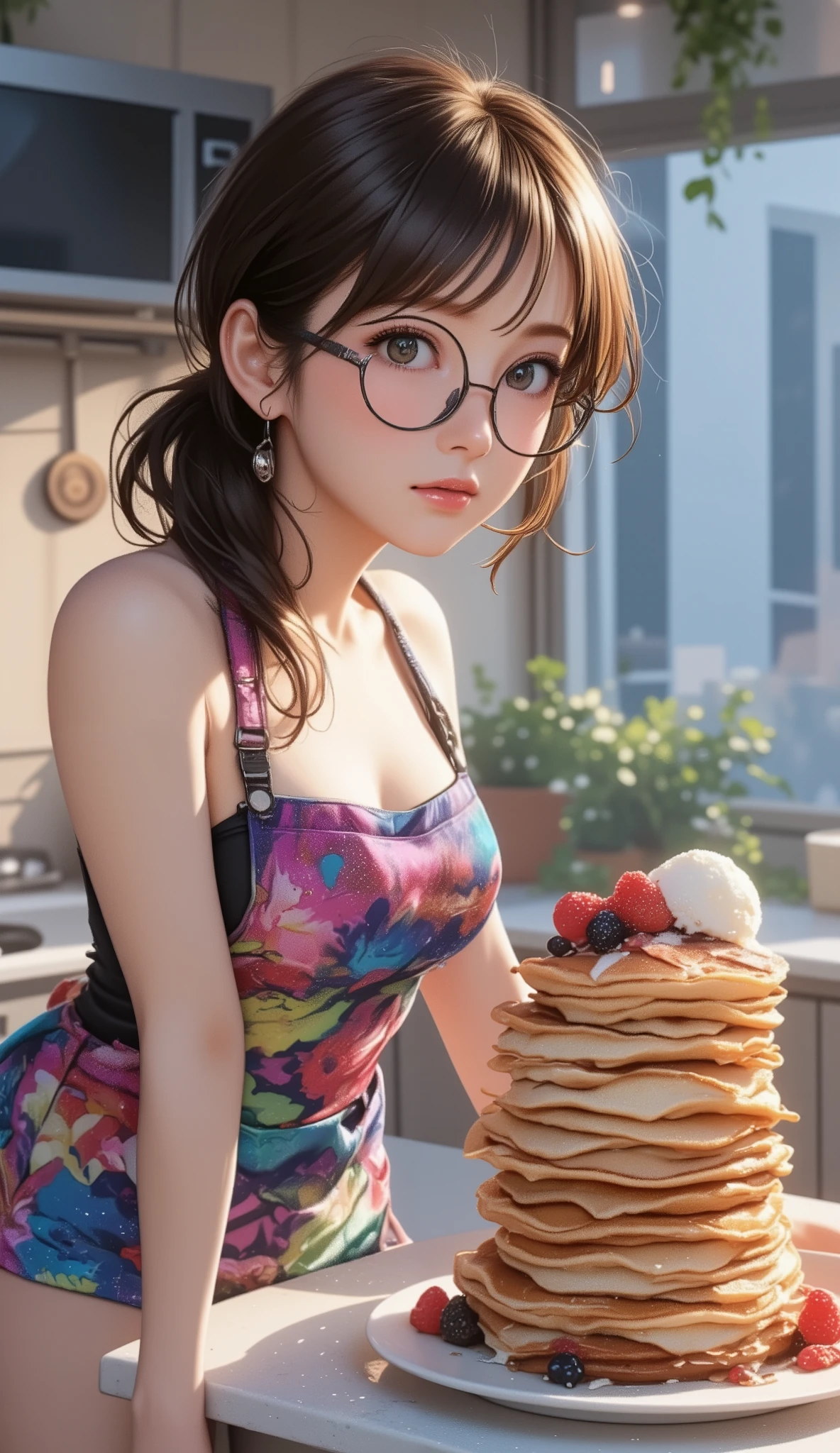 (best quality, 8k, masterpiece:1.3), (),chest,(beautiful face:1.3),standing,kitchen,(making pancakes), (Pancakes piled up in many layers, ice cream on top of the pancakes, ice cream on top of ), ( shinny skin:1.2),( Beautiful slim woman in her 20s),Side Ponytail,(),(shy),,excited,(naked wearing a short apron),,(colorful), striped ,(micro panties),(uplifted well-defined , , Deep cleavage 、wet body, sparkling skin ),close-up pancake,,(slouches forward, : 1.5),( Black-rimmed glasses:1.6), (side view:1.9)