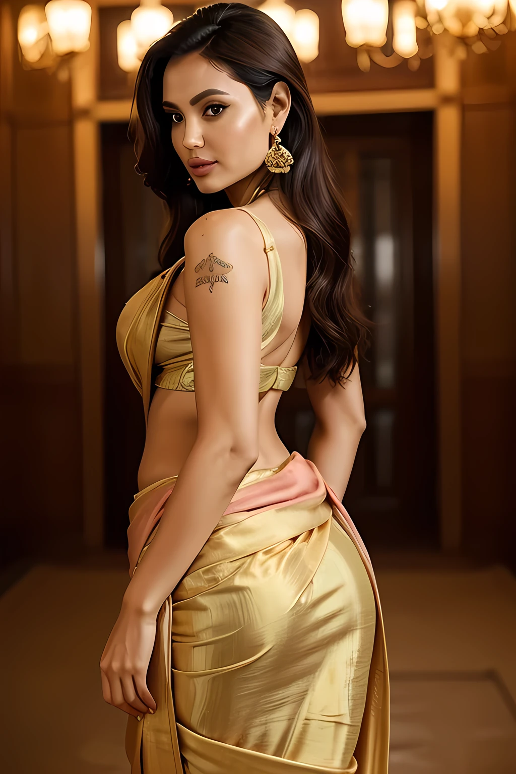 Stunning deepika padukone, super high quality, raw photo, masterpiece ultra realistic,photorealistic, 8k, ponytail, satin flowing dress, pyjama, droopy breast, ((wide hips, thick thigh, protruding ass)),butt to camera, ballroom background detailed, perfect hourglass figure detailed, perfect lighting, photorealistic, cowboy shot