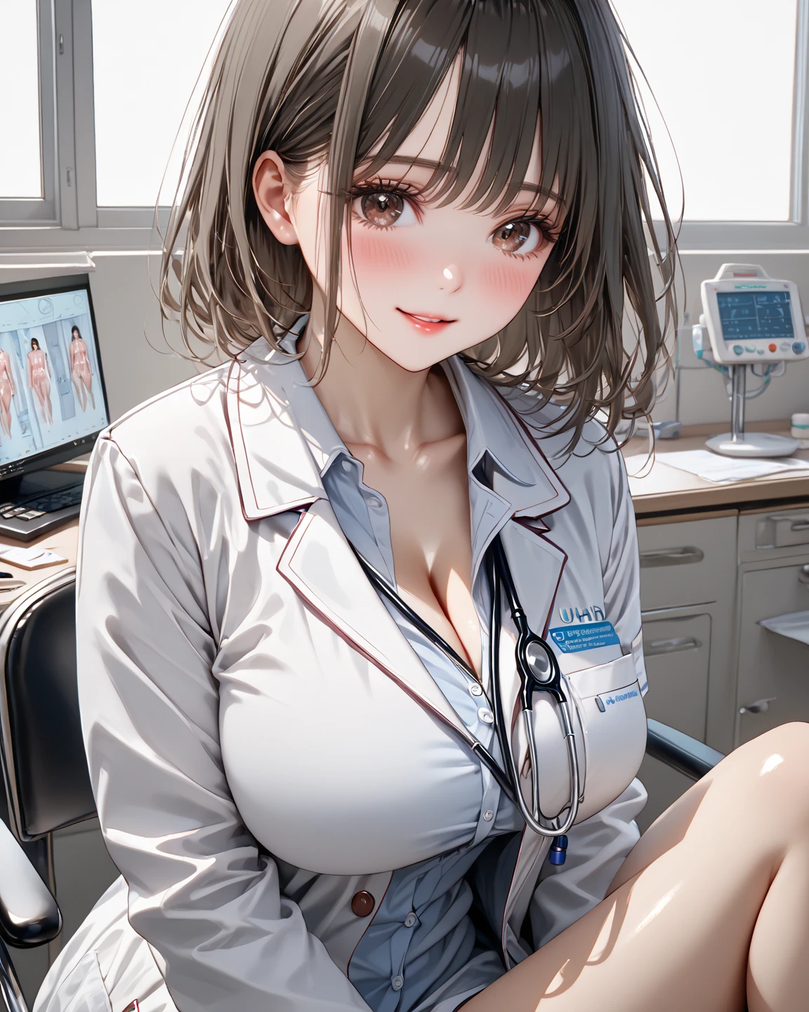 (top-quality、masterpiece、very high res、An ultra-high picture quality、High quality pixels)、(1girl,She is an extremely beautiful woman、and she is 20 years old、1 person、Single、独奏:1.5)、(She is a very beautiful woman with a beautiful face)、(Beautiful face written in detail,Beautiful body,Eyes with a strong will,Beautiful eyes,Beautiful hair,Beautiful skin texture)、(Beautiful hair quality,Variety of hairstyles)、(Slender body and beautiful breasts)、(Lovely smile,Open mouth)、(Female doctor,Female Doctors,wearing lab coat,Examination room),(hospitals,medical examination,see a doctor),Beautiful Art Style,an animated character、(The whole picture、Detailed picture、accurate anatomy、Defect-free images、extremely detailed picture、Accurate images、image perfect)、(Best Shot Photo 1.2)
