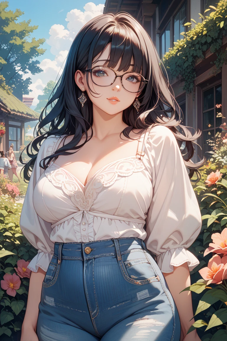 1 girl, standing alone, long hair, gazing at viewer, ssmile, breasts big, chemise, mitts, neckleace, bared shoulders, jewerly, purples eyes, cabelo roxo, pantyhose, aretes, shorts, oculos de sol, Glasses on the head, purple backdrop, round glasses, purple mitts, 
